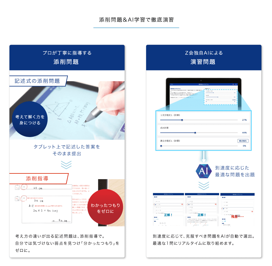 プロが丁寧に指導する添削問題。Ｚ会独自AIによる演習問題。