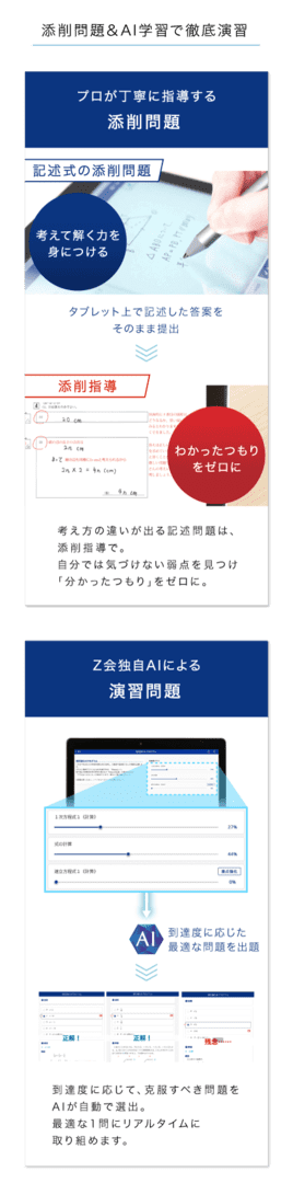 プロが丁寧に指導する添削問題。Z会独自AIによる演習問題。