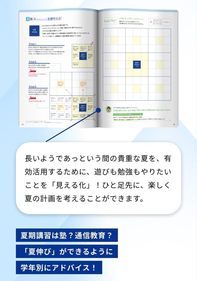 全員に! 特典冊子「夏休みやりたいこと 全部叶えるBOOK」この1冊で、夏にやりたいことを「全部」実行するための準備ができる！夏期講習は塾？通信教育？「夏伸び」ができるように学年別にアドバイス！