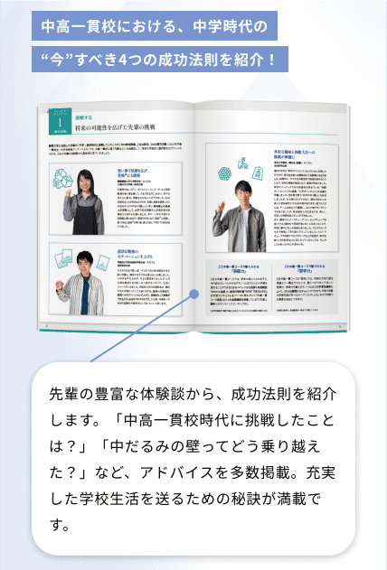 中高一貫校における、中学時代の“今”すべき4つの成功法則を紹介! 先輩の豊富な体験談から、成功法則を紹介します。「中高一貫校時代に挑戦したことは？」「中だるみの壁ってどう乗り越えた？」など、アドバイスを多数掲載。充実した学校生活を送るための秘訣が満載です。
