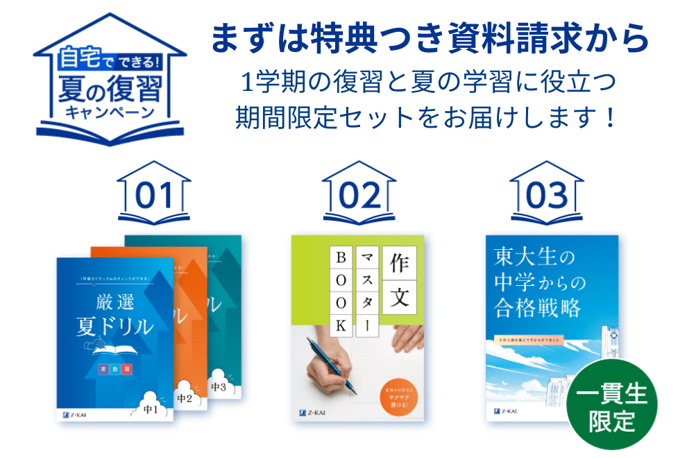 夏の復習キャンペーン。資料請求で夏ドリルと作文BOOKプレゼント。一貫生には学習情報誌もお届けします。