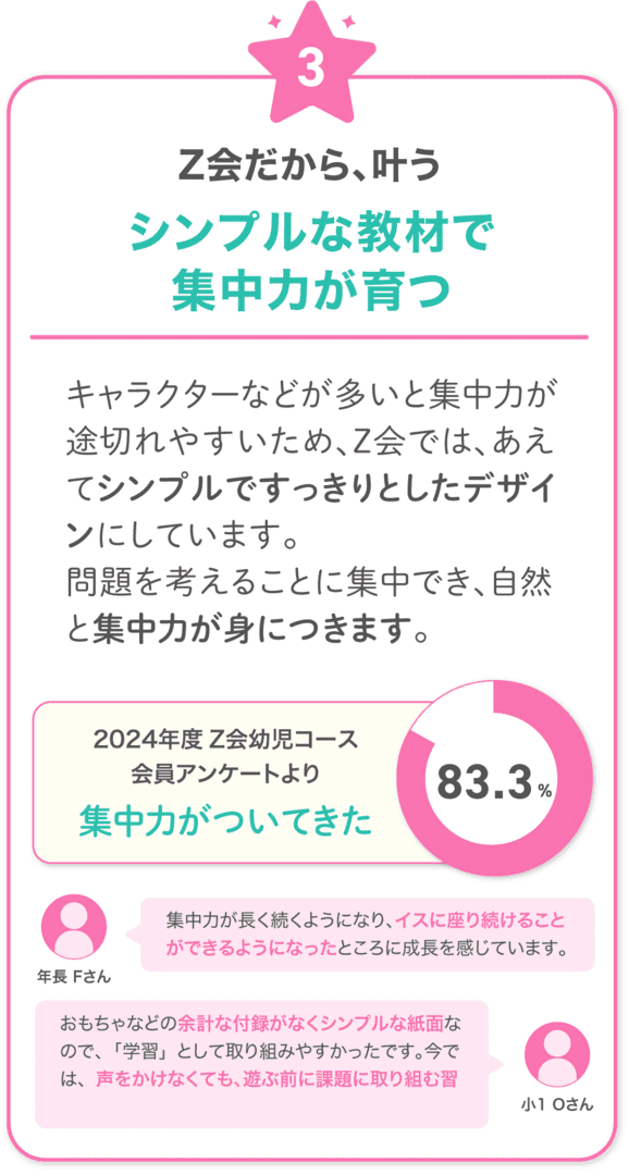 Ｚ会だから叶う！3　キャラクターなどが多いと集中力が途切れてしまうため、Ｚ会では、教材はあえてシンプルですっきりとしたデザインにしています。問題を考えることに集中でき、自然と集中力が身につきます。