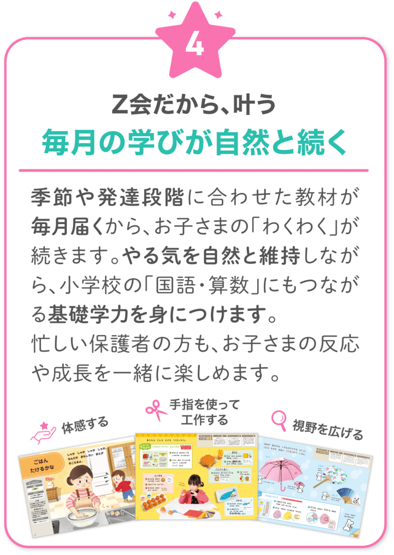 Ｚ会だから叶う！4　季節や発達段階に合わせた教材が毎月届くから、お子さまの「わくわく」が続きます。やる気を自然と維持しながら、小学校の「国語・算数」にもつながる基礎学力を身につけます。忙しい保護者の方も、お子さまの反応や成長を一緒に楽しめます。