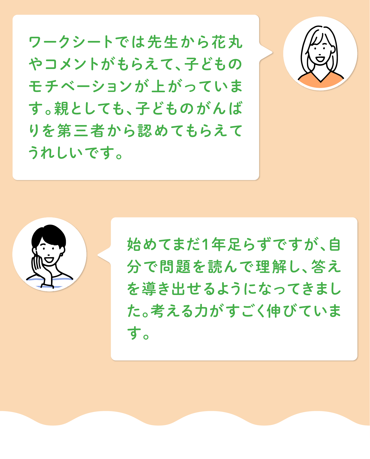 「ワークシートでは先生から花丸やコメントがもらえて、子どものモチベーションが上がっています。親としても、子どものがんばりを第三者から認めてもらえてうれしいです。」他1点