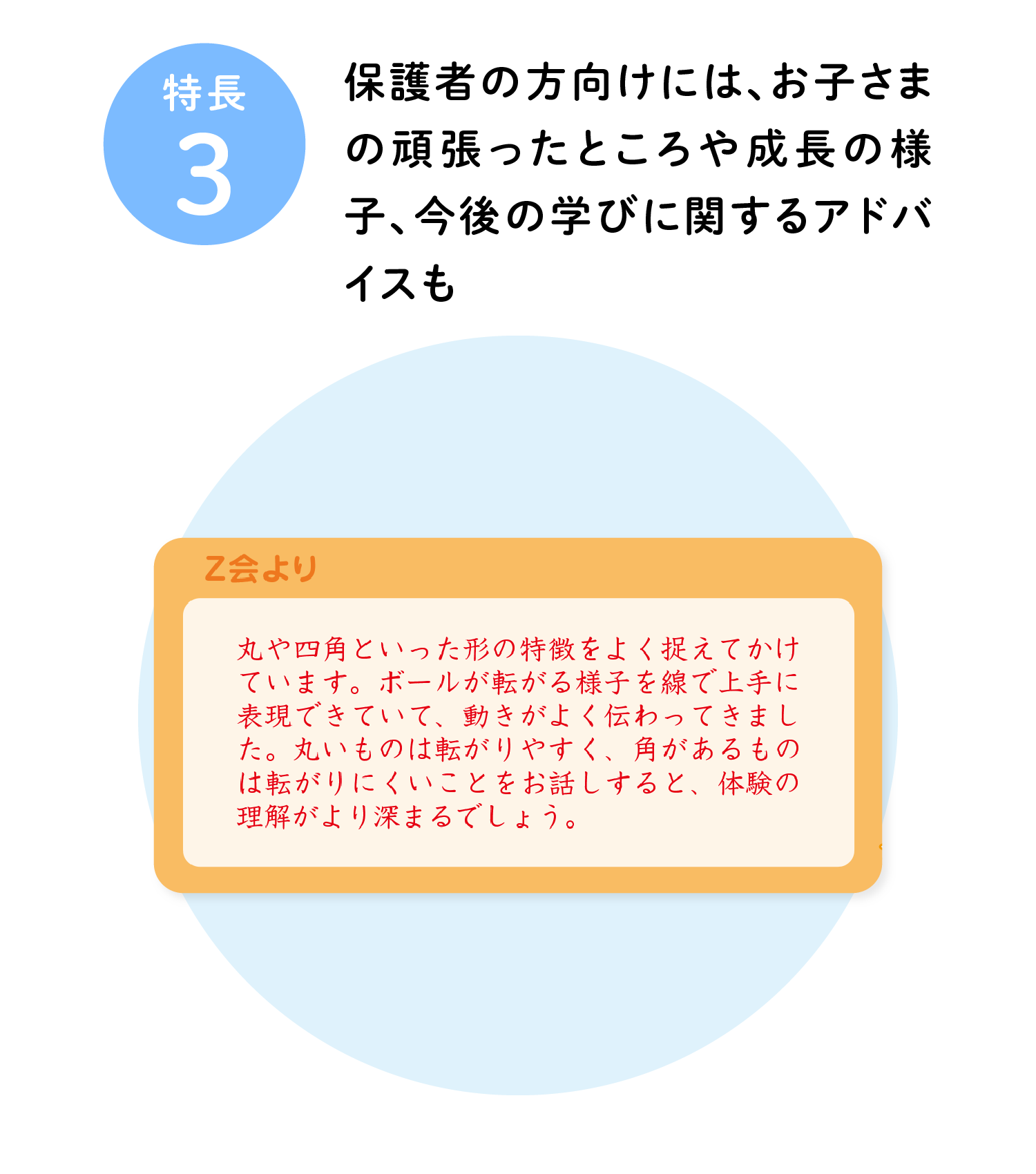 特長3 保護者の方向けには、お子さまの頑張ったところや成長の様子、今後の学びに関するアドバイスも