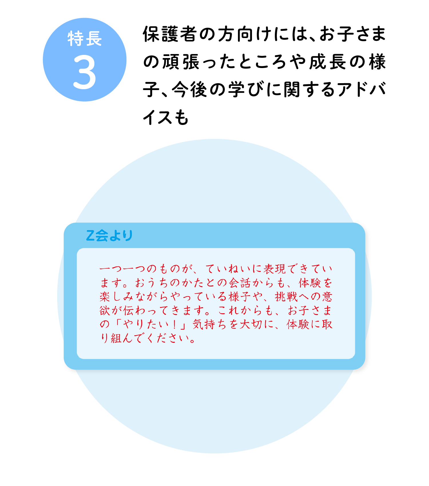 特長3 保護者の方向けには、お子さまの頑張ったところや成長の様子、今後の学びに関するアドバイスも