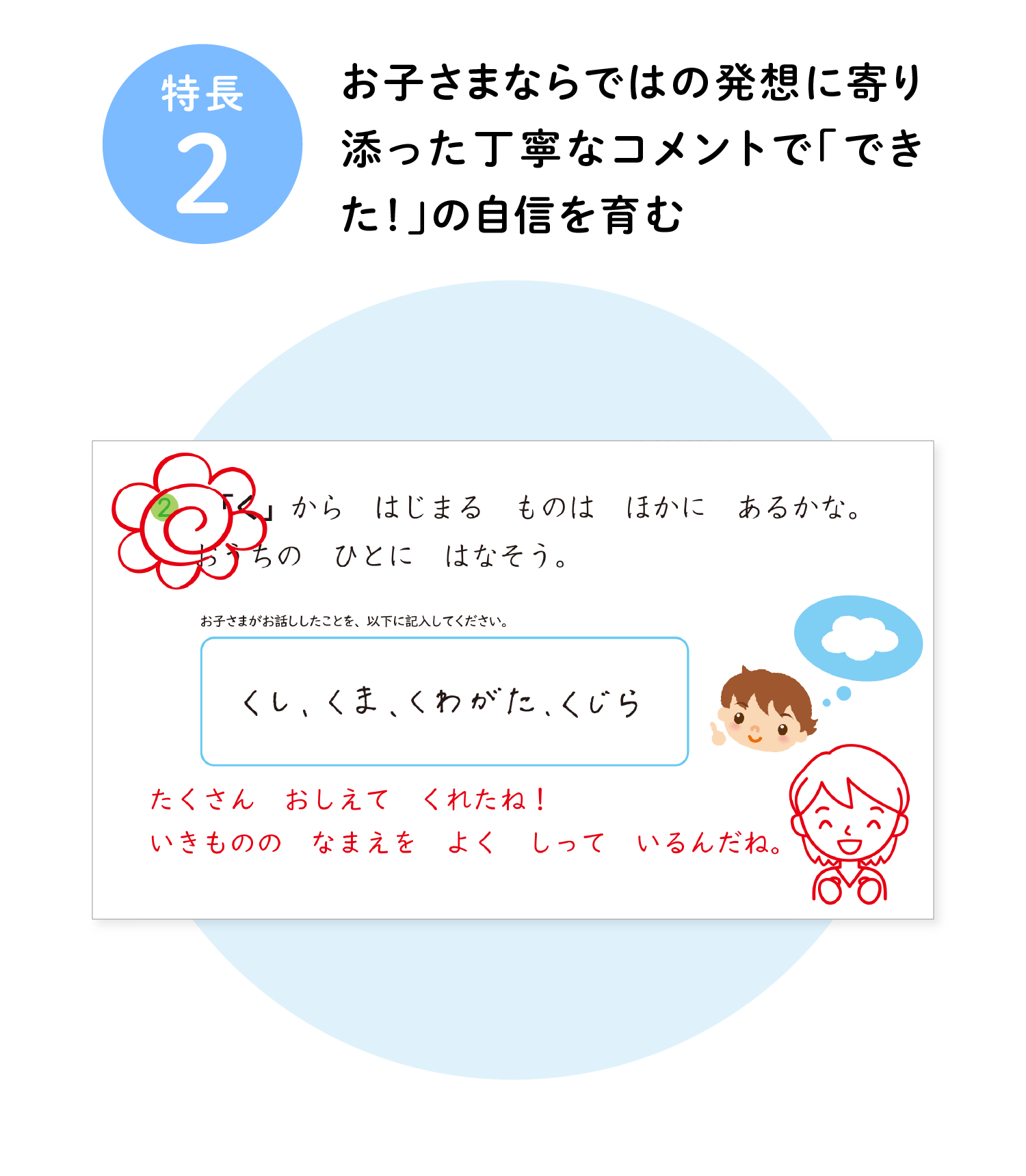 特長2 お子さまならではの発想に寄り添った丁寧なコメントで「できた！」の自信を育む