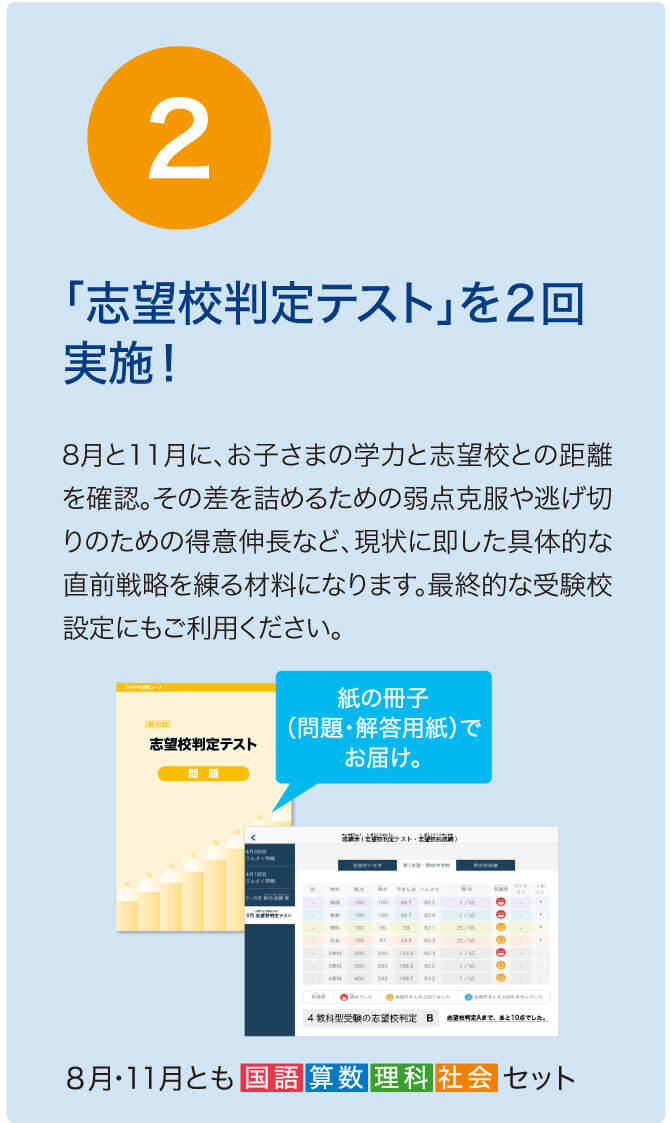 2、「志望校判定テスト」を2回実施!