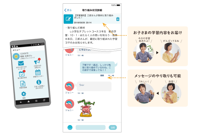 「保護者アプリで」離れていても頑張りが見える(画面サンプル)