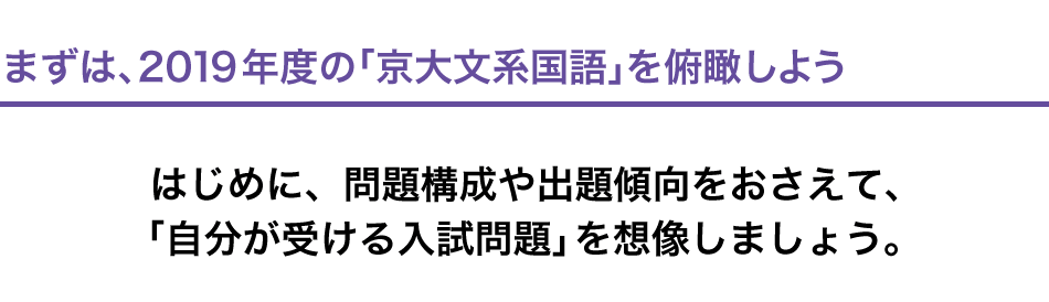 まずは、2019年度入試を俯瞰しよう　はじめに、問題構成や出題傾向を押さえて、「自分が受ける入試問題」を想像しましょう。"