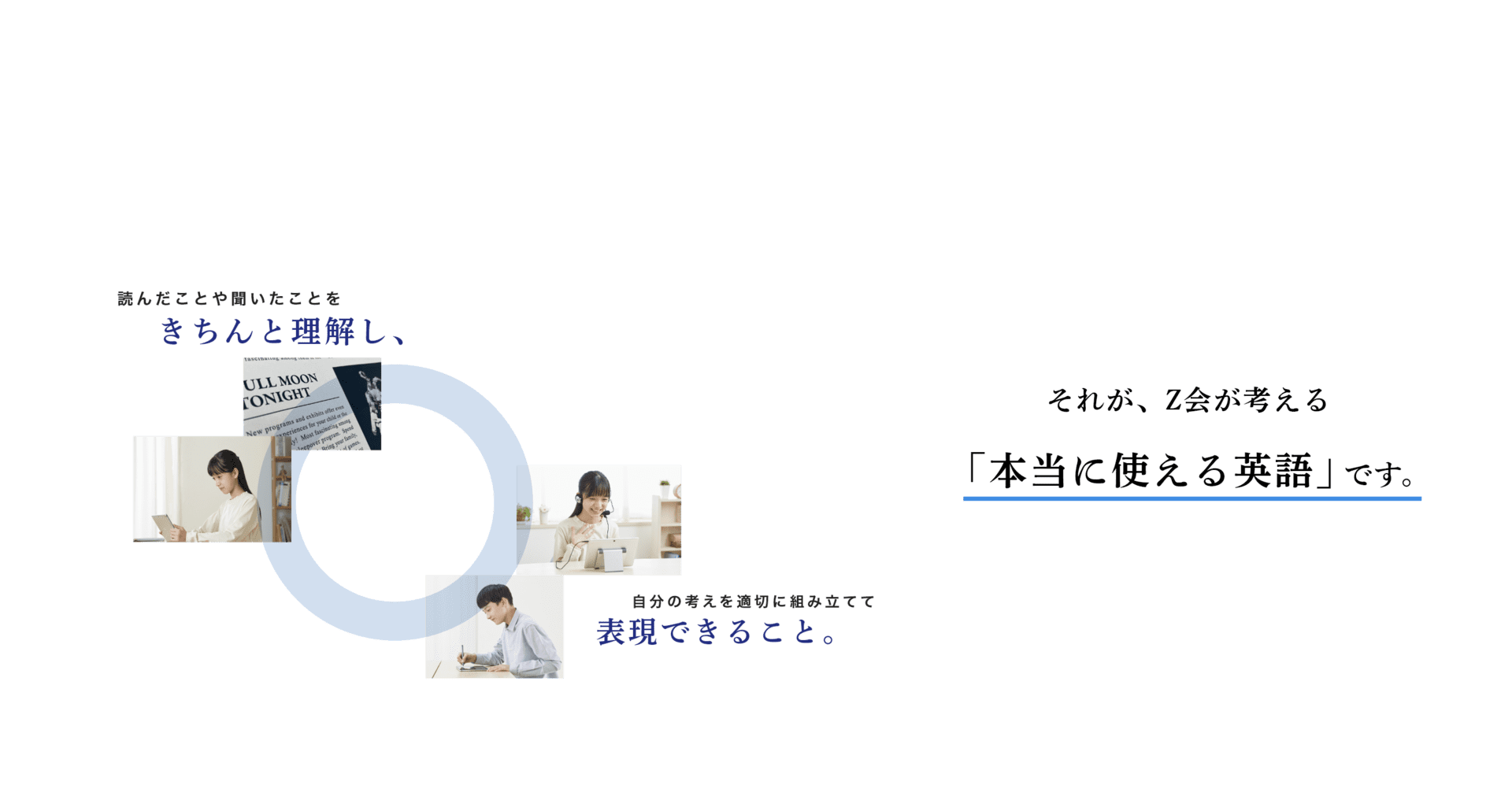 Z会の考える「本当に使える英語とは」読んだことや聞いたことをきちんと理解し、自分の考えを適切に組み立てて表現できること。それが、Z会が考える「本当に使える英語」です。｜英検対策・英語4技能のことならZ会のAsteria(アステリア)