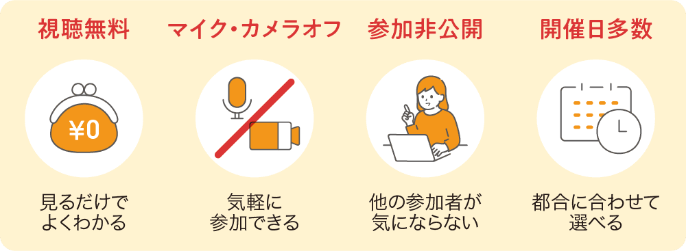 オンライン説明会は、視聴無料です。マイク・カメラオフで参加は非公開になります。開催日も多数なのでご都合に合わせて気軽にご参加ください。