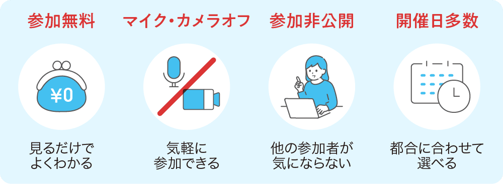 オンライン説明会は、視聴無料です。マイク・カメラオフで参加は非公開になります。開催日も多数なのでご都合に合わせて気軽にご参加ください。