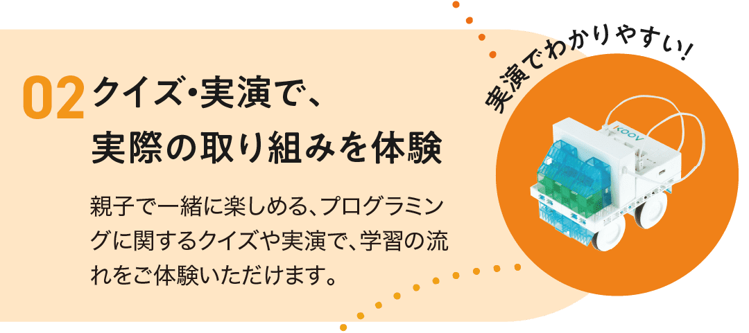 2.クイズ・実演で、実際の取り組みを体験。親子で一緒に楽しめる、プログラミングに関するクイズや実演で、学習の流れをご体験いただけます。