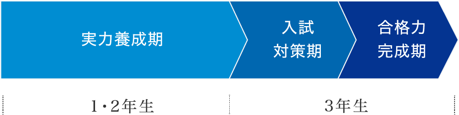 1・2年生:実力養成期、3年生:入試対策期・合格力完成期